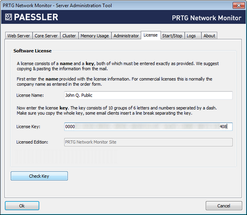 PRTG Server Administrator License Tab