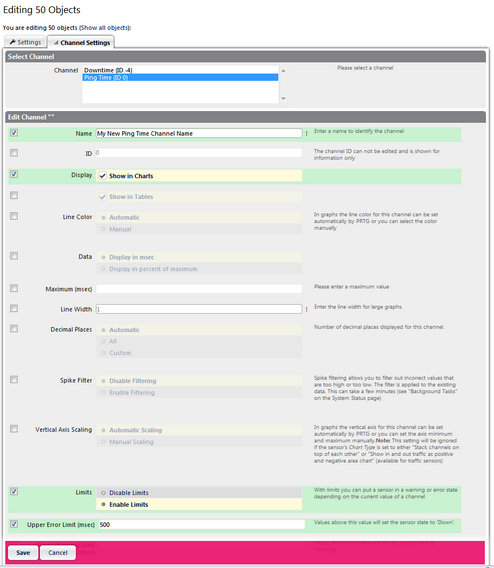 Example of Sensor Channel Settings in Multi-Edit Mode